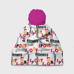 Шапка c помпоном Спортивный паттерн с текстом желтого красного черн