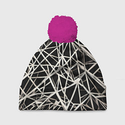 Шапка c помпоном Белые хаотичные линии на чёрном фоне