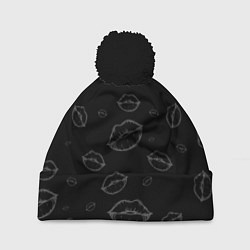Шапка с помпоном Паттерн серый контур губ на чёрном - lips black, цвет: 3D-черный
