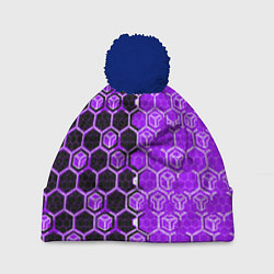 Шапка с помпоном Техно-киберпанк шестиугольники фиолетовый и чёрный, цвет: 3D-тёмно-синий