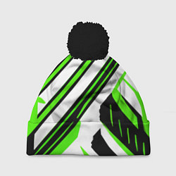 Шапка с помпоном Чёрно-зелёные полосы на белом фоне, цвет: 3D-черный
