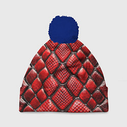 Шапка c помпоном Змеиная объемная текстурная красная кожа
