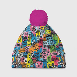 Шапка с помпоном Весёлые лица абстрактные, цвет: 3D-малиновый