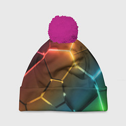 Шапка c помпоном Радужные неоновые плиты в разломе