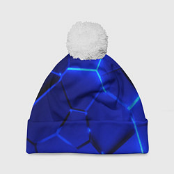 Шапка с помпоном Текстура темных синих неоновые плиты, цвет: 3D-белый
