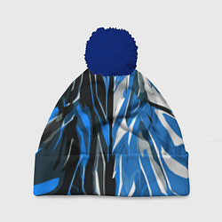 Шапка c помпоном Синяя абстракция на чёрно-белом фоне