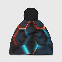 Шапка с помпоном Неоновые темно синие соты, цвет: 3D-черный