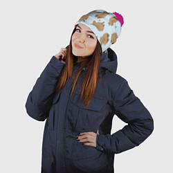 Шапка с помпоном Паттерн с капибарами и мандаринками голубой, цвет: 3D-малиновый — фото 2
