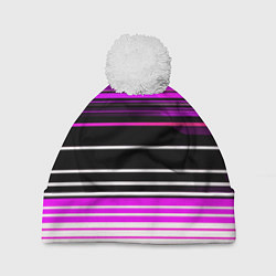 Шапка с помпоном Разноцветные вертикальные линии, цвет: 3D-белый