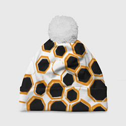Шапка с помпоном Чёрно-жёлтые шестиугольники на белом фоне, цвет: 3D-белый