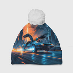 Шапка с помпоном Автомобиль и ночные молнии, цвет: 3D-белый