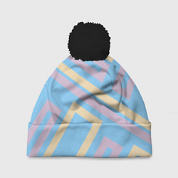Шапка c помпоном Прямоугольники по диагонали-голубой, бежевый