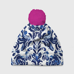 Шапка c помпоном Гжель русский узор акварель