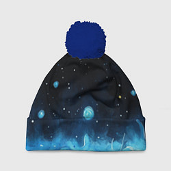 Шапка c помпоном Синяя светящееся краска
