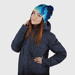Шапка с помпоном Бело-синее пламя из абстрактных красок, цвет: 3D-тёмно-синий — фото 2