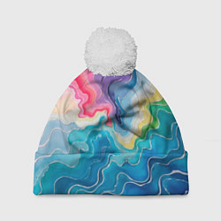 Шапка c помпоном Абстрактные волны в мраморном стиле
