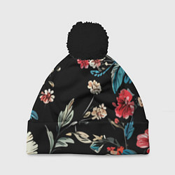 Шапка c помпоном Цветы старинный узор