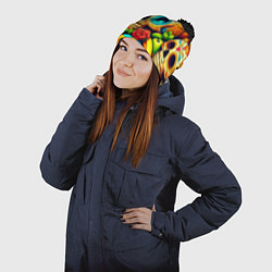 Шапка с помпоном Colorfull skulls and bananas - pop art pattern, цвет: 3D-черный — фото 2