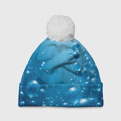 Шапка с помпоном Синяя вода с пузырями, цвет: 3D-белый