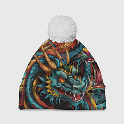 Шапка с помпоном Татуировка дракона ирезуми, цвет: 3D-белый