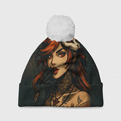 Шапка с помпоном Рыжая девушка с маской лисы дерзкий стиль, цвет: 3D-белый