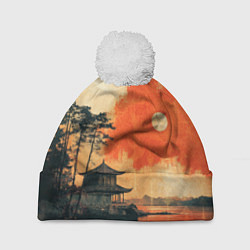 Шапка с помпоном Рыбацкий дом на закате, цвет: 3D-белый