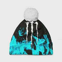 Шапка с помпоном Monster energy голубой огонь, цвет: 3D-белый