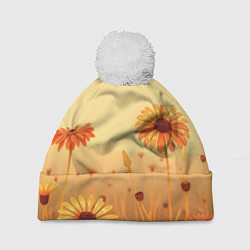 Шапка с помпоном Цветы на закате, цвет: 3D-белый