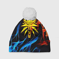 Шапка с помпоном Ведьмак огненное лого в огне, цвет: 3D-белый