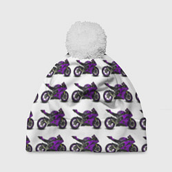 Шапка с помпоном Motorcycle purple, цвет: 3D-белый
