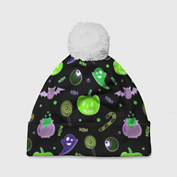 Шапка с помпоном Halloween black pumpkin pattern, цвет: 3D-белый