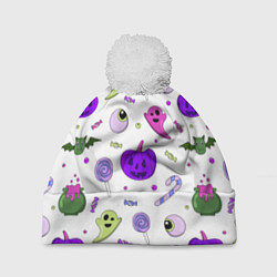 Шапка с помпоном Halloween purple pumpkin pattern, цвет: 3D-белый