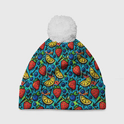 Шапка c помпоном Летний вайб - фрукты и ягоды паттерн