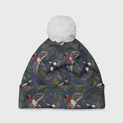 Шапка c помпоном Дятлы и цветы