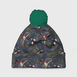 Шапка c помпоном Дятлы и цветы
