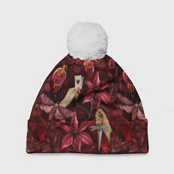 Шапка c помпоном Бордовая готика с сердцем, лилиями и мотыльками