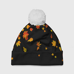 Шапка с помпоном Осенние листья на черном, цвет: 3D-белый
