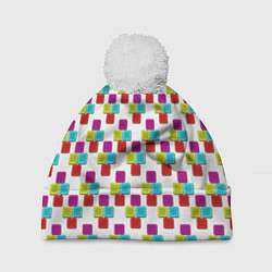 Шапка с помпоном Цветные блоки на белом, цвет: 3D-белый