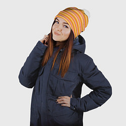 Шапка с помпоном Этнические треугольники паттерн желтый с розовым, цвет: 3D-белый — фото 2