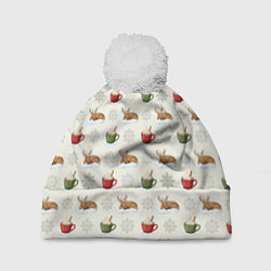 Шапка c помпоном Зимний паттерн с оленем и чашками какао