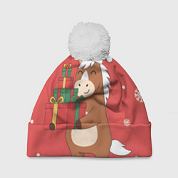 Шапка c помпоном Новогодняя лошадка с подарками