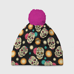 Шапка с помпоном День мертвецов - черепа, цвет: 3D-малиновый