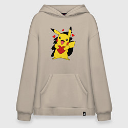 Толстовка-худи оверсайз ПИКАЧУ И СЕРДЕЧКО POKENON PIKACHU LOVE, цвет: миндальный