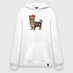 Толстовка-худи оверсайз Йоркширский терьер новогодний, цвет: белый