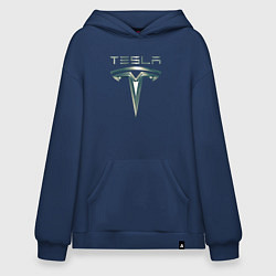 Толстовка-худи оверсайз Tesla Logo Тесла Логотип Карбон, цвет: тёмно-синий