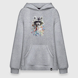 Толстовка-худи оверсайз Мордочка енота - акварель, цвет: меланж