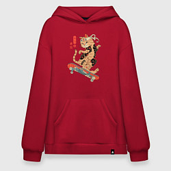 Толстовка-худи оверсайз Кот самурай скейтбордист, цвет: красный