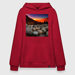 Толстовка-худи оверсайз Горный пейзаж в закате солнца, каменная река, цвет: красный