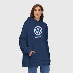 Толстовка-худи оверсайз Значок Volkswagen в стиле glitch, цвет: тёмно-синий — фото 2