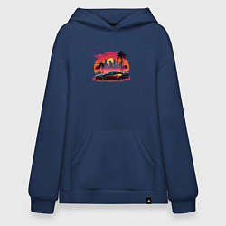 Толстовка-худи оверсайз Ретро закат в Майями и гоночная машина, цвет: тёмно-синий